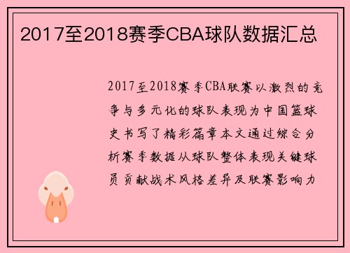 2017至2018赛季CBA球队数据汇总