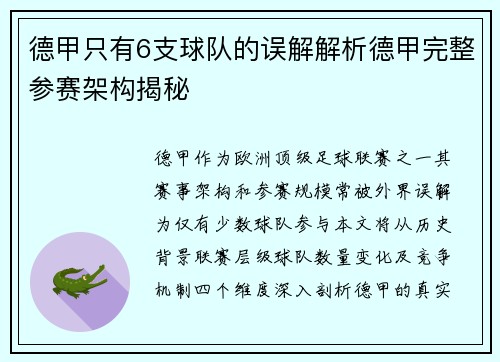 德甲只有6支球队的误解解析德甲完整参赛架构揭秘
